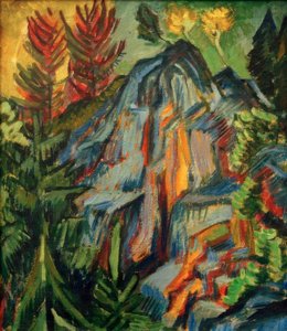青い岩と滝のある風景 作： Ernst Ludwig Kirchner